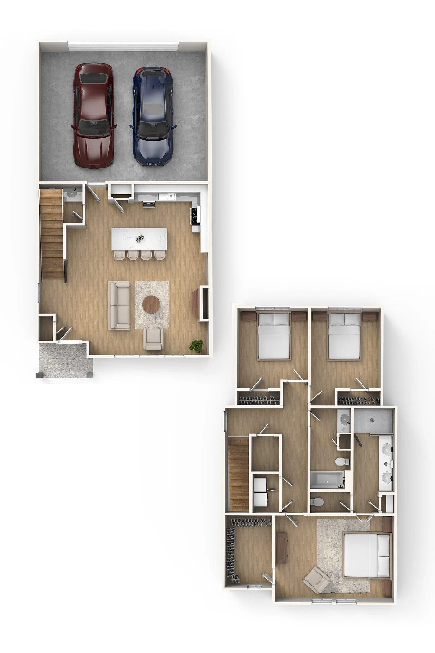 A floor plan of a house with a garage, living room, kitchen, bedrooms, and bathrooms.