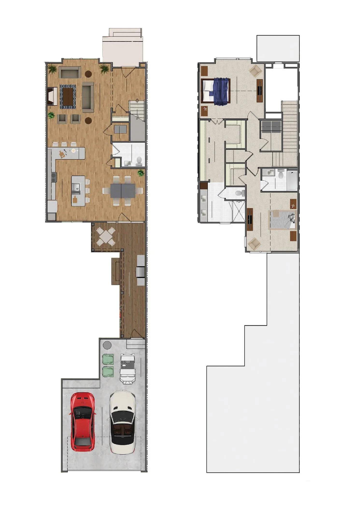 Floor plan of a house showing a garage with three cars, a hallway leading to a kitchen, dining, and living area, and a staircase. Upstairs has bedrooms, bathrooms, and a balcony.