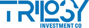 Logo of Trilogy Investment Co with blue text and design elements