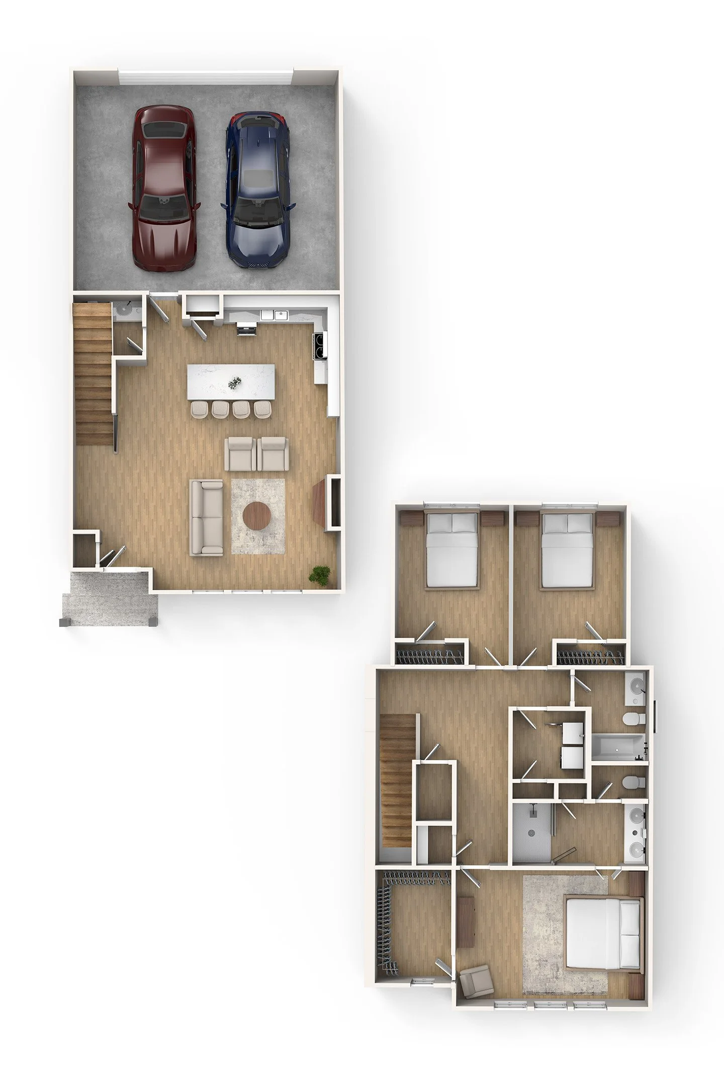 Top-down view of a house floor plan featuring a two-car garage, a kitchen and dining area, a living room, two bedrooms, and multiple bathrooms.