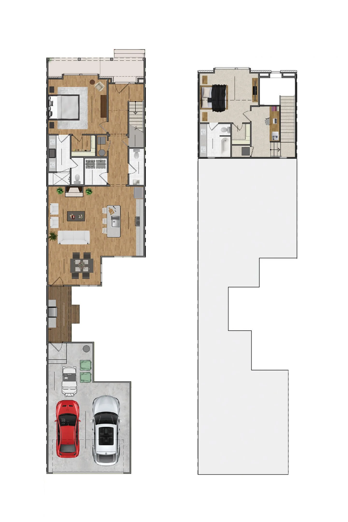 Floor plan of a two-story house with a garage, living areas, kitchen, bedrooms, and bathrooms.