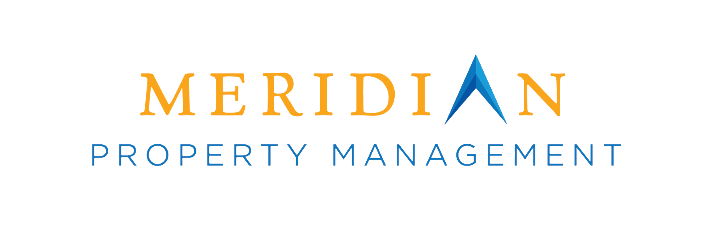 Meridian Property Management logo with stylized blue arrow and orange and blue text.