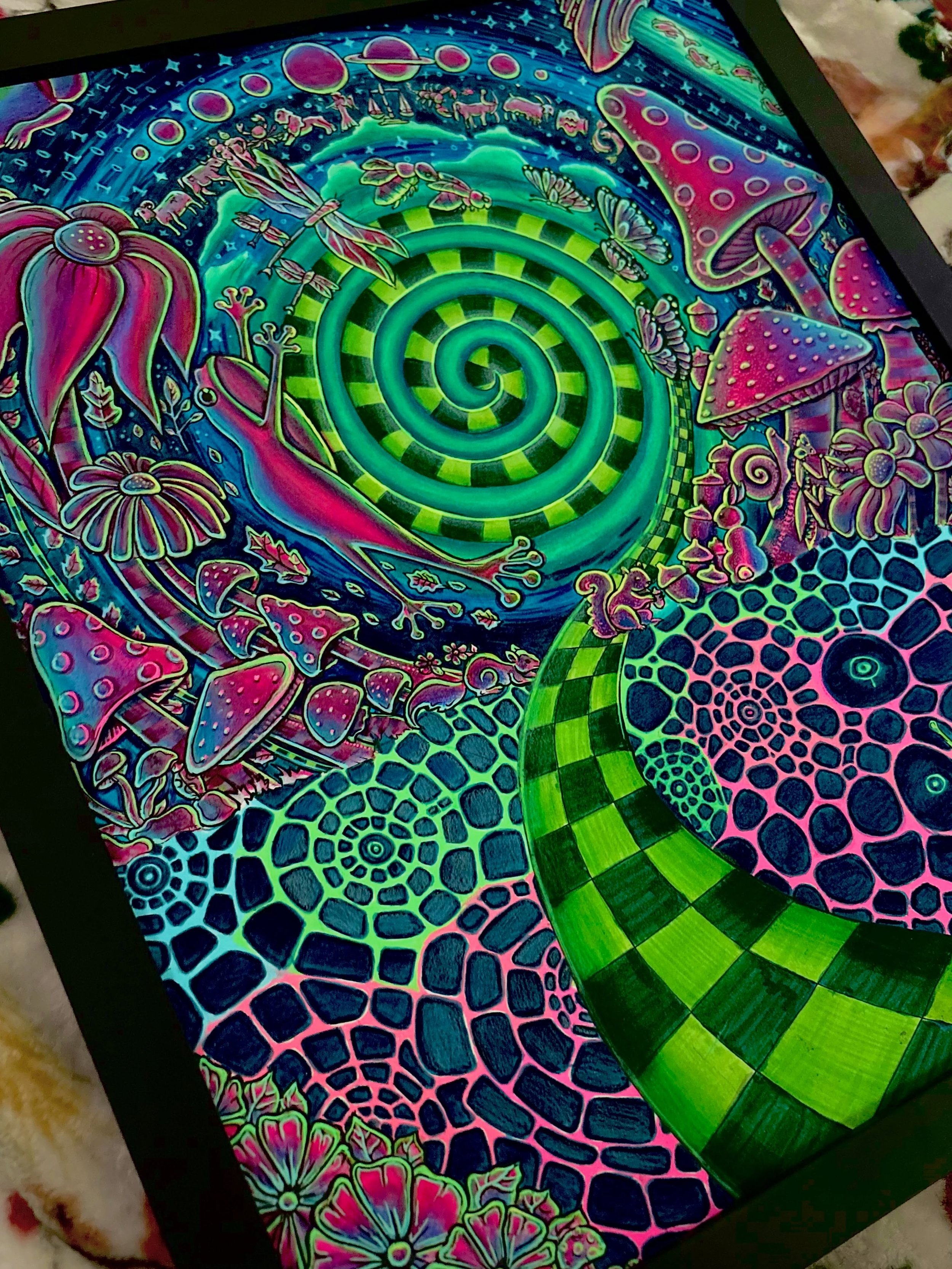 so closeeee of being done with this one, i just have to add a bunch more details&hellip;.😅 

its different than my usual work, what do you think? 

#colorfulillustration #markerartist #TrippyArt
#PsychedelicArt