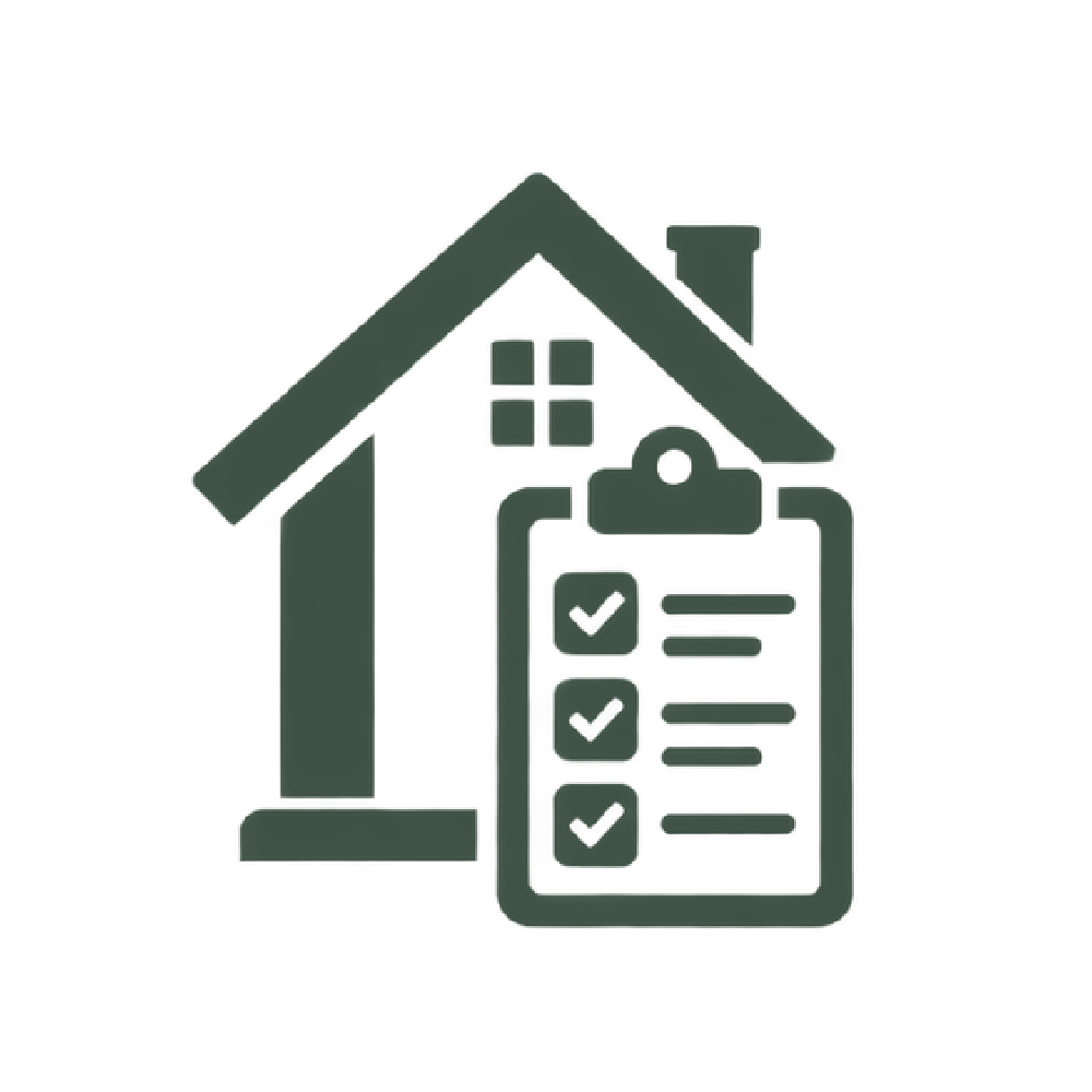 Icon of a house combined with a clipboard or checklist inside it, symbolizing home management or home inspection.