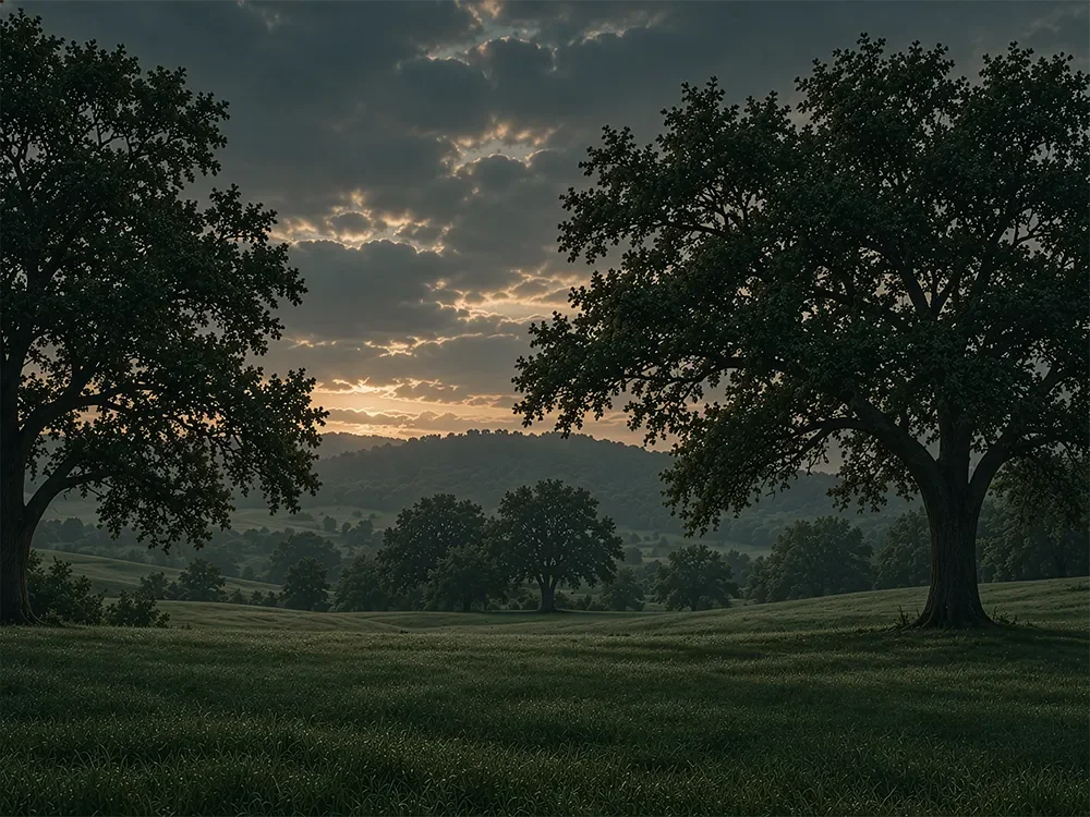 A scenic landscape at sunrise or sunset with large trees, rolling hills, and partially cloudy sky.