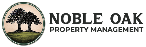 Logo featuring two oak trees in a circular emblem and the words 'Noble Oak Property Management' in black text.