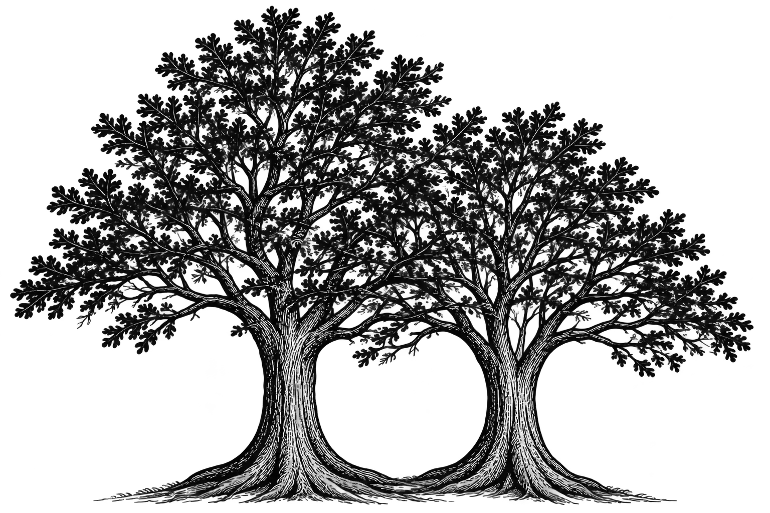 Black background with two white skeletal trees with bare branches
