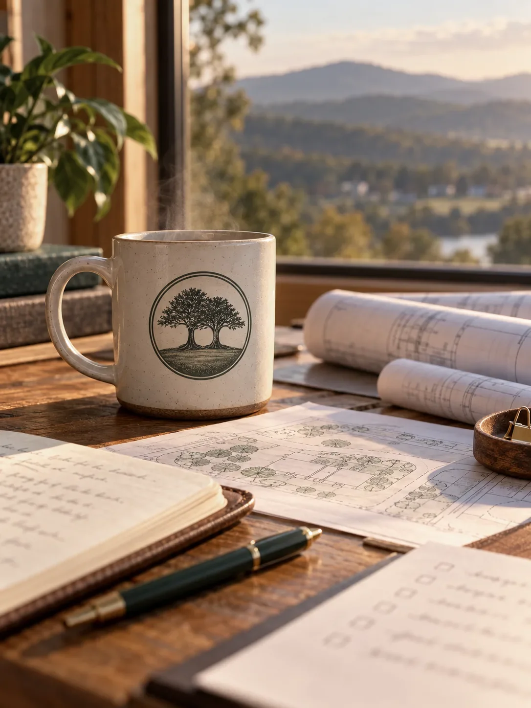 A cozy workspace with a steaming coffee mug, sketches, and architectural plans on a wooden desk near a window overlooking mountains and trees during sunset.