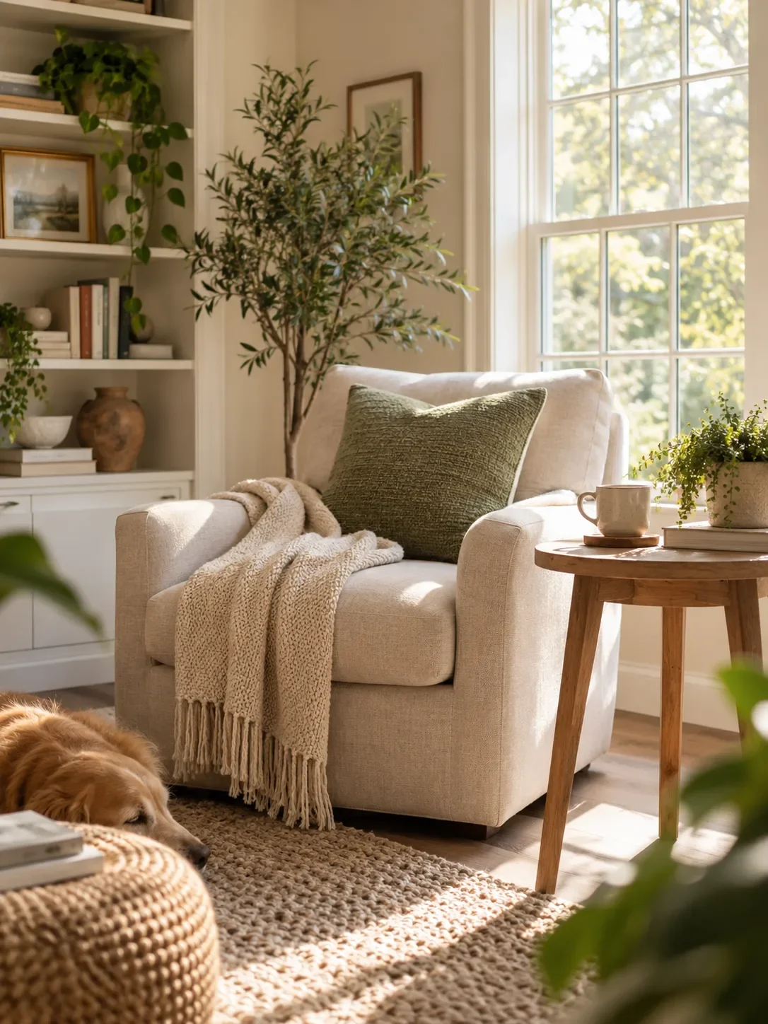 A cozy living room with a beige armchair, green pillow, knitted throw, wooden side table with a mug, potted plant, and a large window with sunlight, a bookshelf with decor and books, a tall potted plant, and a golden retriever dog resting on a woven rug.