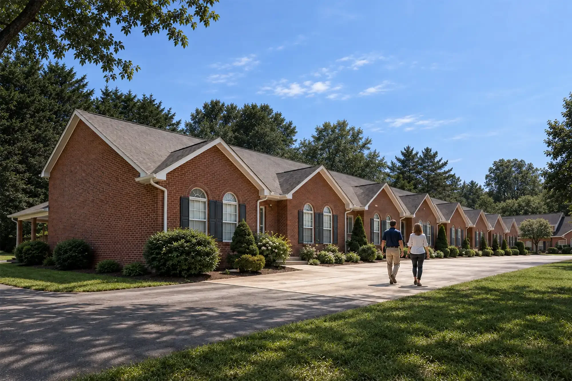 A row of red brick townhouses with gabled roofs and arched windows, surrounded by manicured bushes and trees, on a sunny day with a clear blue sky. Two people are walking on the sidewalk.