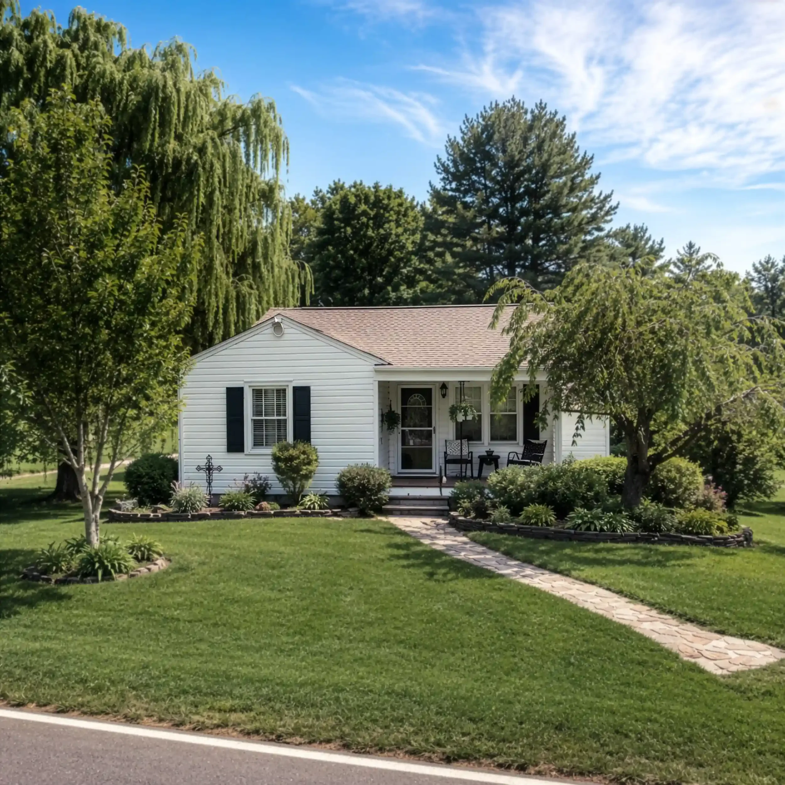 View of a suburban house with white siding, a brown roof, and a front porch with seating, surrounded by lush green trees and a well-kept lawn under a partly cloudy sky.