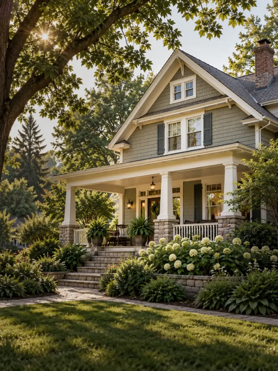 A charming two-story house with a front porch, surrounded by well-maintained garden and lush green trees.
