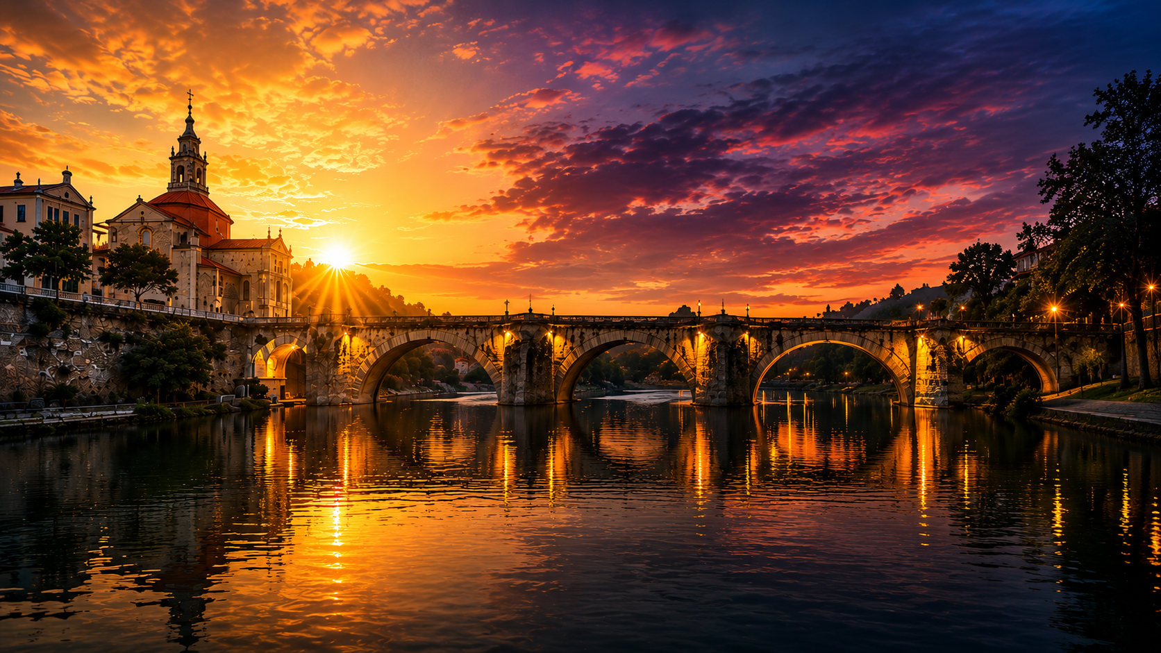 Ponte de pedra sobre rio, ao pôr do sol, com igreja ao fundo e árvores nas margens, refletores iluminando o local, céu com nuvens coloridas de laranja, roxo e azul.