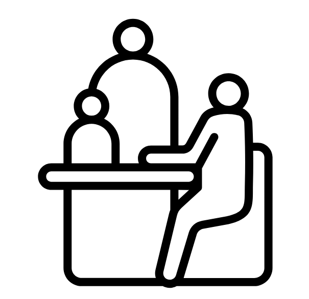 Black and white illustration of people conferencing.