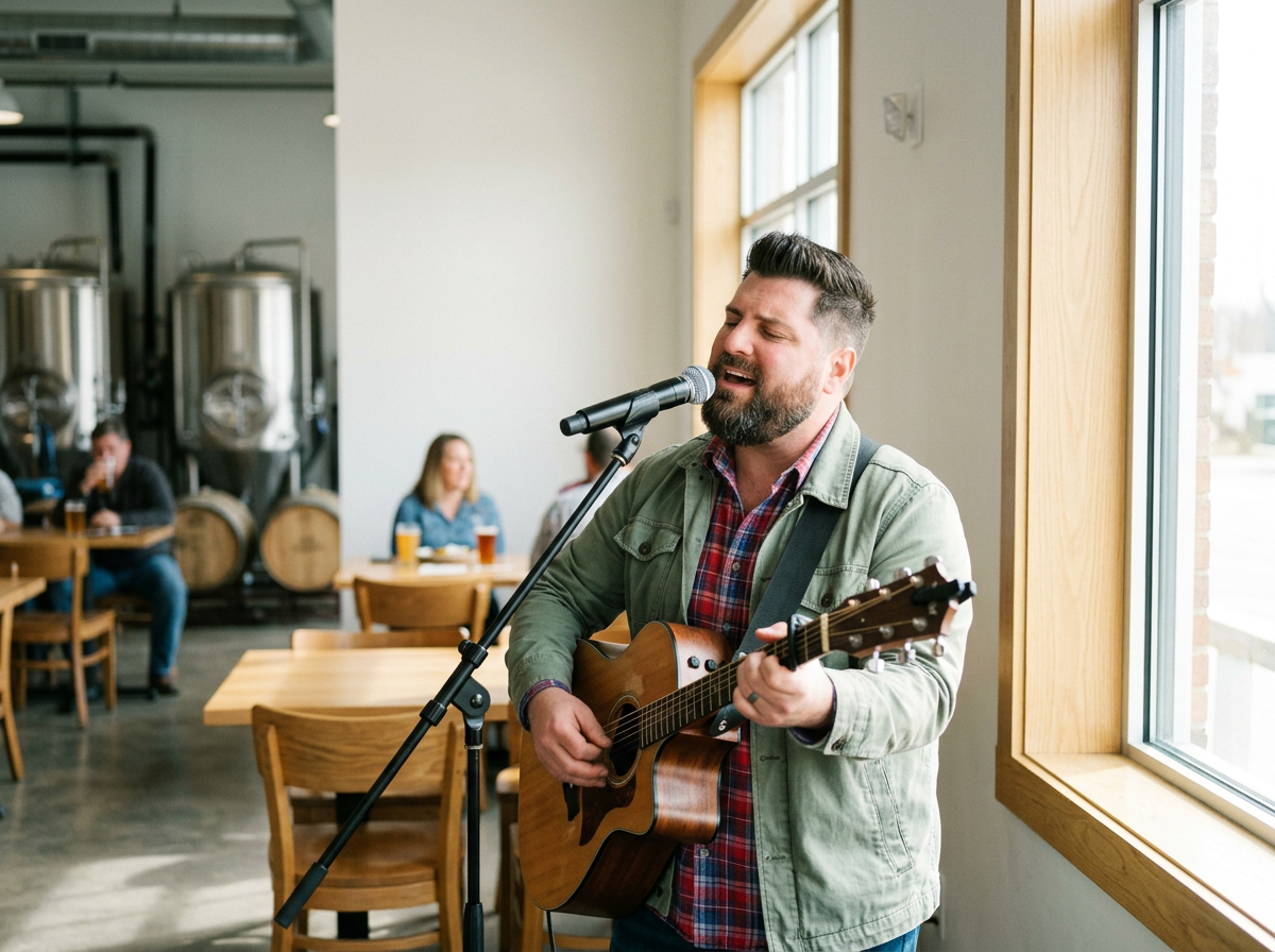 A man with a beard singing into a microphone and playing an acoustic guitar during a live music performance in a brewery or pub.