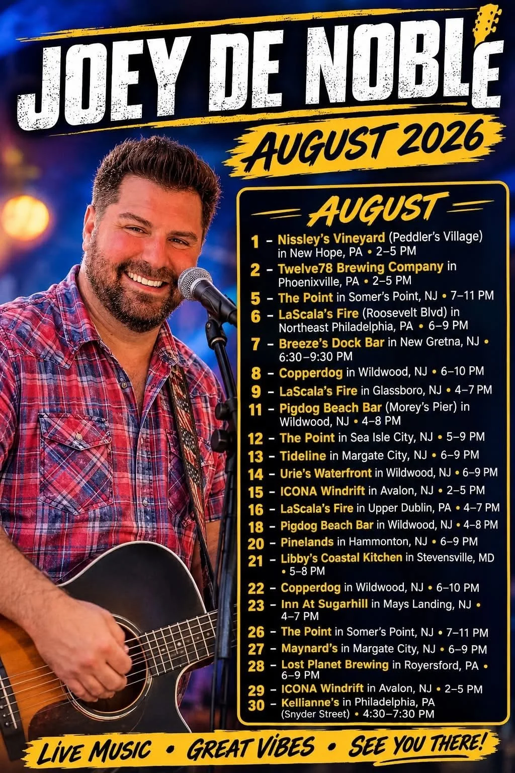Poster for Joey De Nobile's August 2026 music events listing various venues and dates in New Jersey, Pennsylvania, Maryland, and other locations, with a photo of Joey De Nobile holding a guitar and smiling.