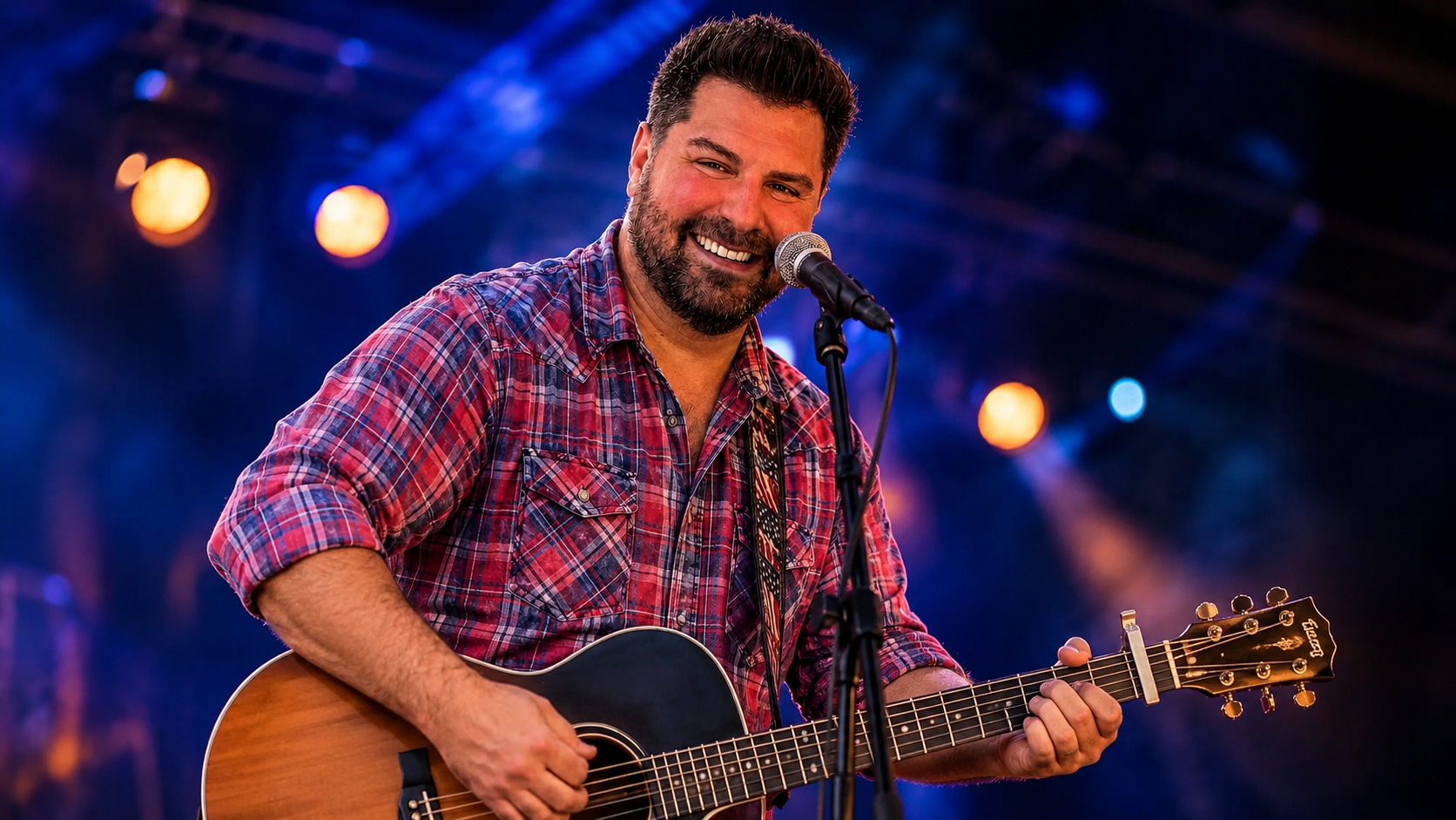 A man with a beard and short dark hair, wearing a red plaid shirt, smiling while playing an acoustic guitar on stage with colorful lights in the background.