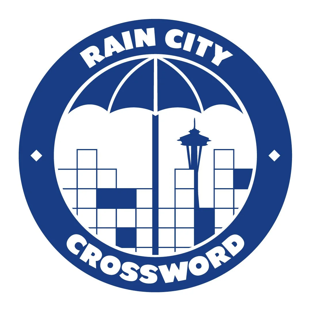 Logo for Rain City Crossword featuring an umbrella, skyline with Space Needle, and crossword puzzle pieces.