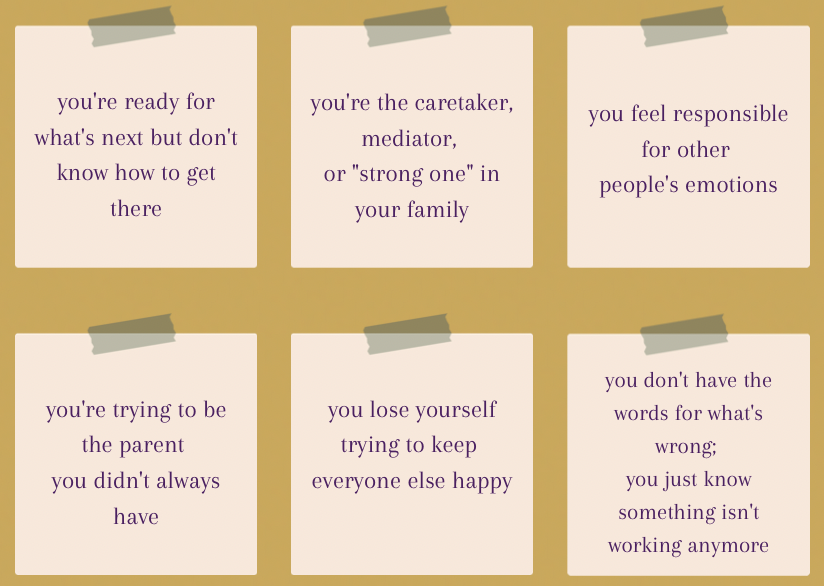 Six note cards taped to a yellow wall, each with purple text about being a caring family member and the emotional challenges involved.