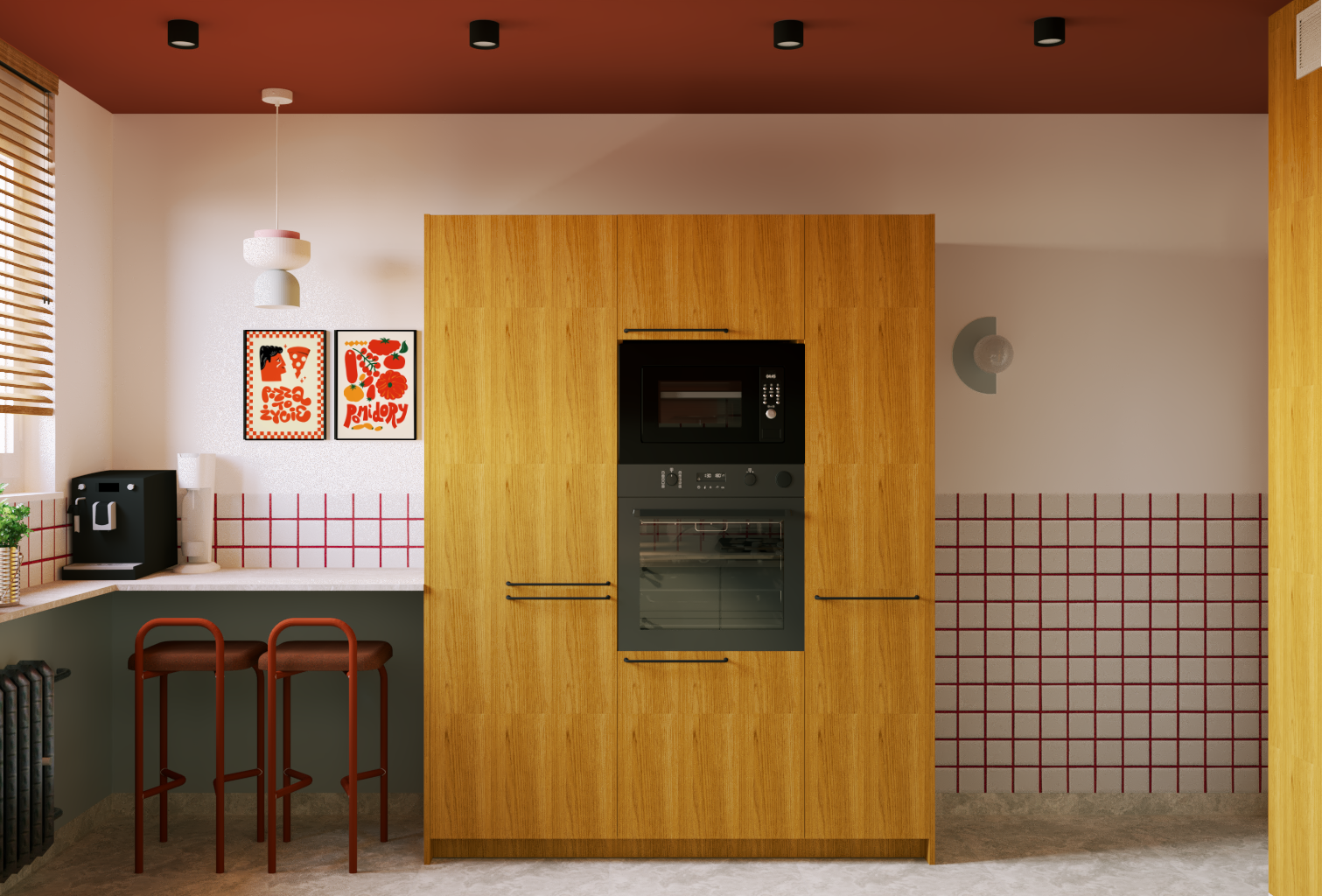 A modern kitchen with wooden cabinetry, a built-in black microwave and oven, a small breakfast bar with two brown chairs, a coffee machine, framed artwork, and a window with wooden blinds.