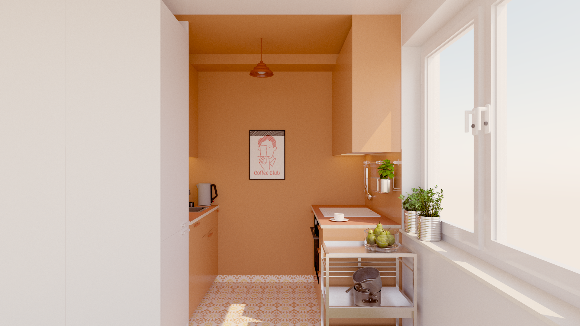 View of a cozy kitchen space with orange walls, a window, a small rolling cart with pears, potted plants on the windowsill, a framed art poster on the wall, and various kitchen utensils and appliances.