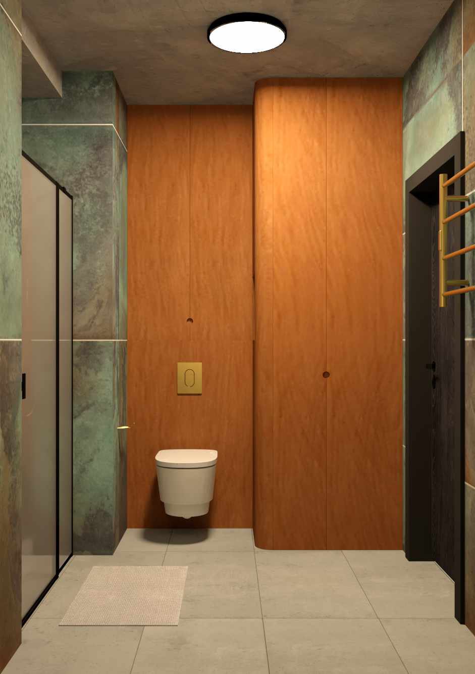 Modern bathroom with a wall-mounted toilet, green and gray marble walls, wooden paneling, a black door, and a white rug on light-colored tile floor.