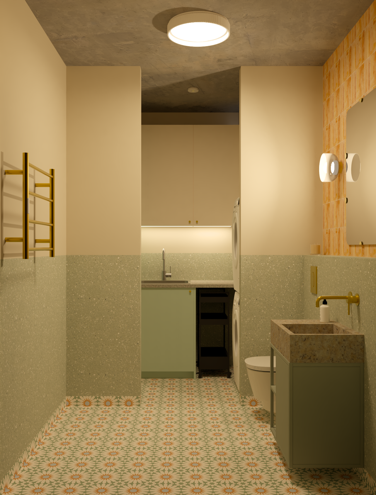 Modern bathroom with vintage patterned floor tiles, a gray vanity with a granite sink, white toilet, wall-mounted soap dispenser, and a concrete wall. There is a mirror, wall-mounted light fixtures, and a textured wall with warm-colored tiles. A towel rack is on the left wall, and the ceiling has a circular ceiling light.
