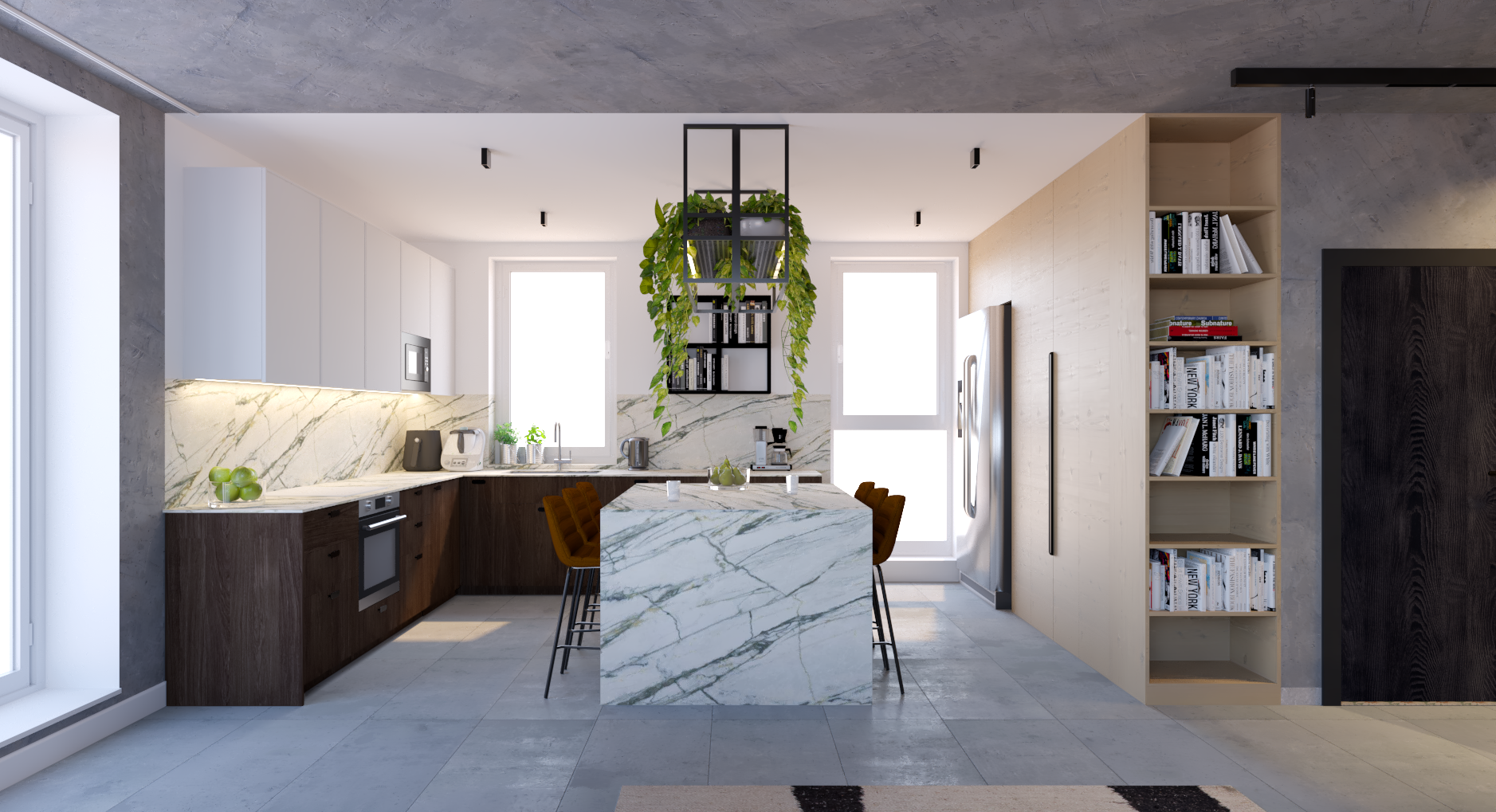 Modern kitchen with marble island, wooden and white cabinetry, bookshelf, and hanging plants.