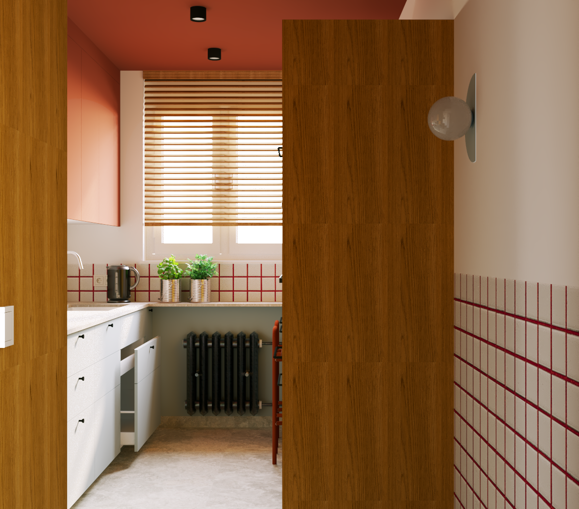 View of a small kitchen with white cabinets, a black radiator, a window with wooden slats, potted plants, a kettle, and a wall sconce, with a partially open wooden door.