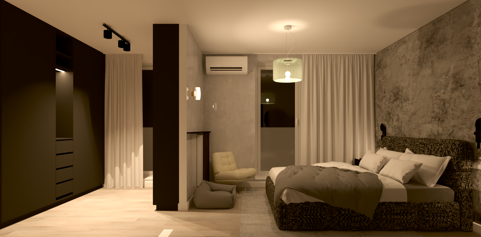 A modern bedroom with a large bed, accentuated with white pillows and a dark bedspread, against a textured wall. The room features a small beige chair, a ceiling light fixture, and a floor-to-ceiling curtain covering a glass door. There is an air conditioning unit above the door and a small ottoman next to the chair.