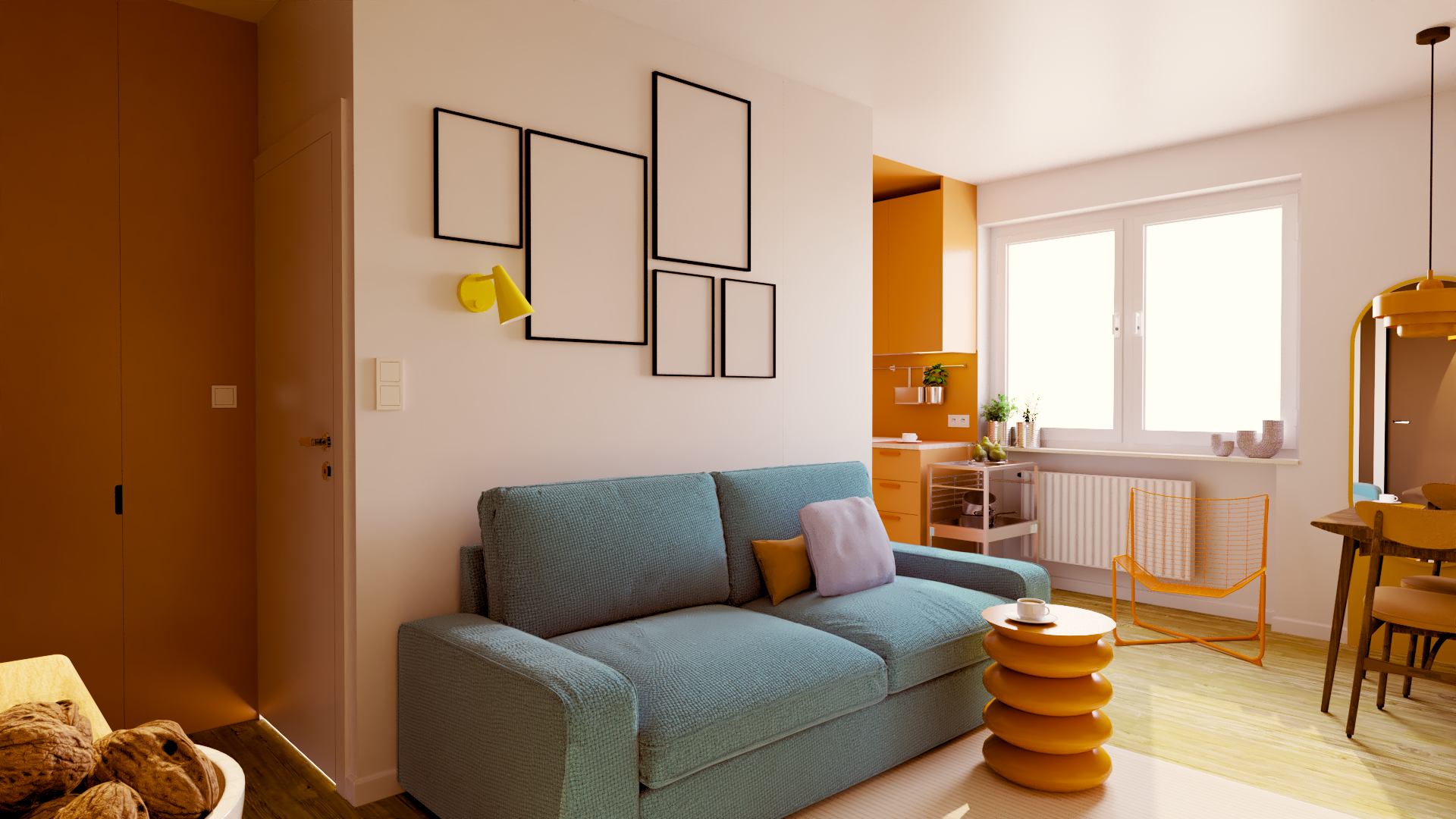 Contemporary living room with a green sofa, an orange side table, decorative pillows, and modern wall art. Bright windows let in natural light, and there is a yellow reading lamp and a small dining area in the background.