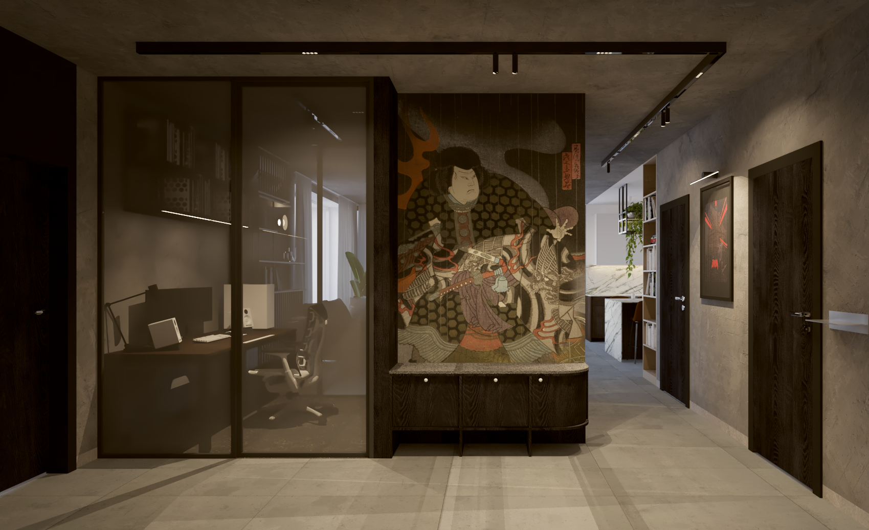 Modern corridor featuring a glass-walled private office with a desk, chair, and computer, a large Japanese-style artwork of a samurai warrior, and a hallway with bookshelves, framed art, and decorative plants.