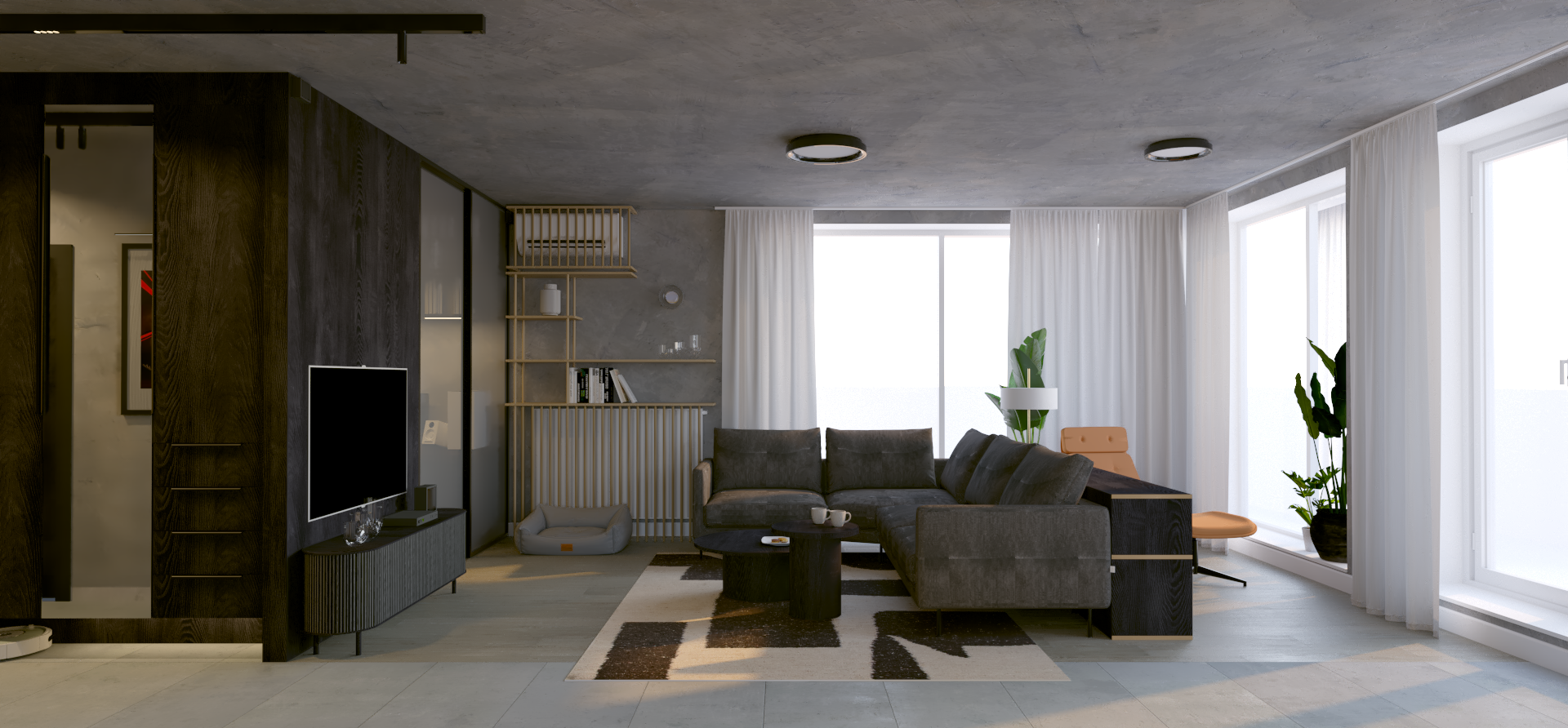Modern living room with large windows, white curtains, dark gray sofa, potted plants, round coffee table, and built-in shelving.