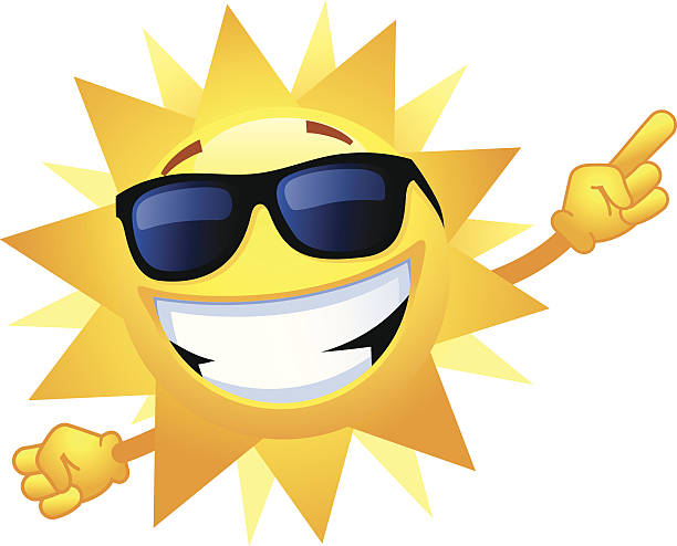 A cartoon sun wearing sunglasses, smiling, and pointing with one hand.