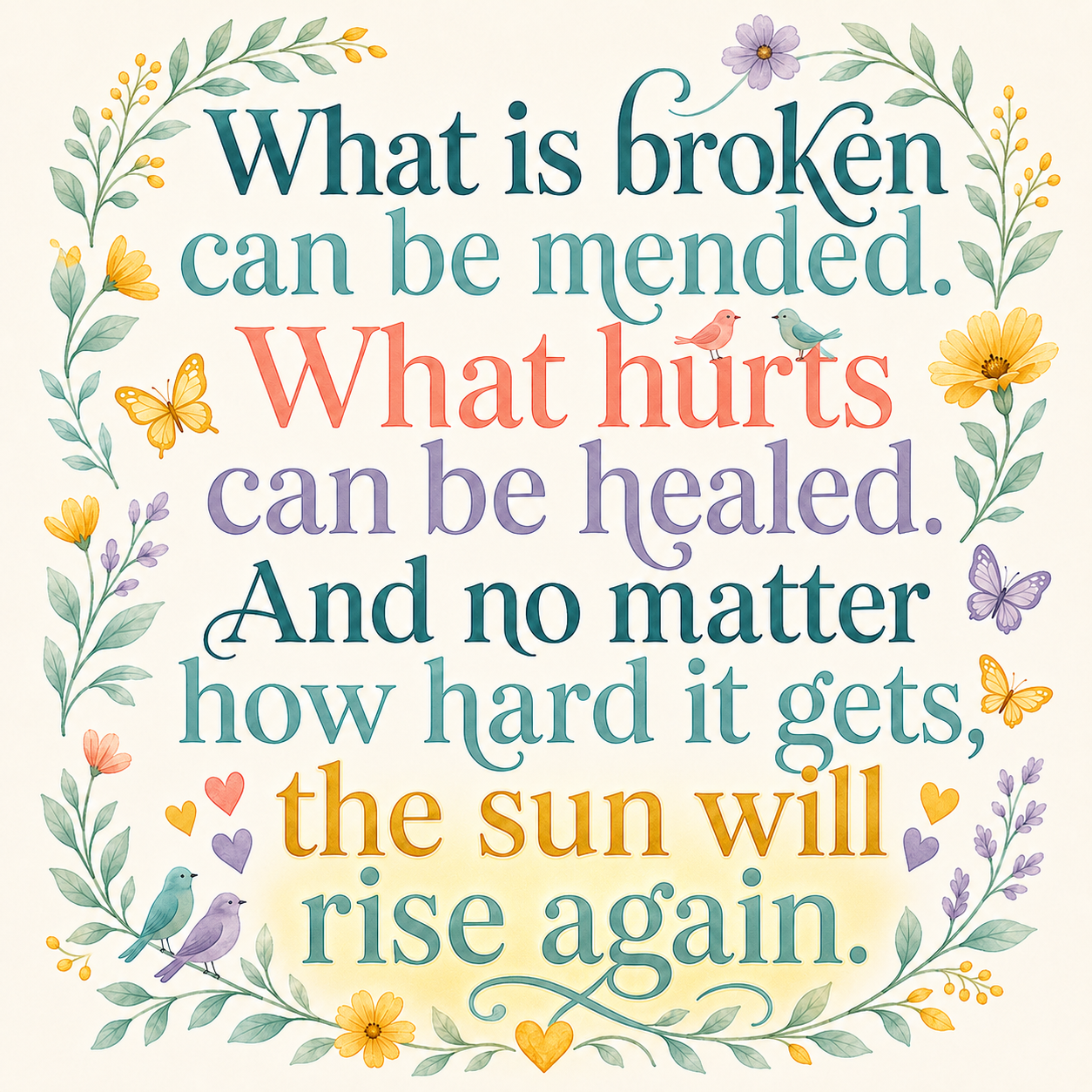 A decorative floral print with a motivational quote about healing and resilience, surrounded by colorful flowers, butterflies, and small hearts.