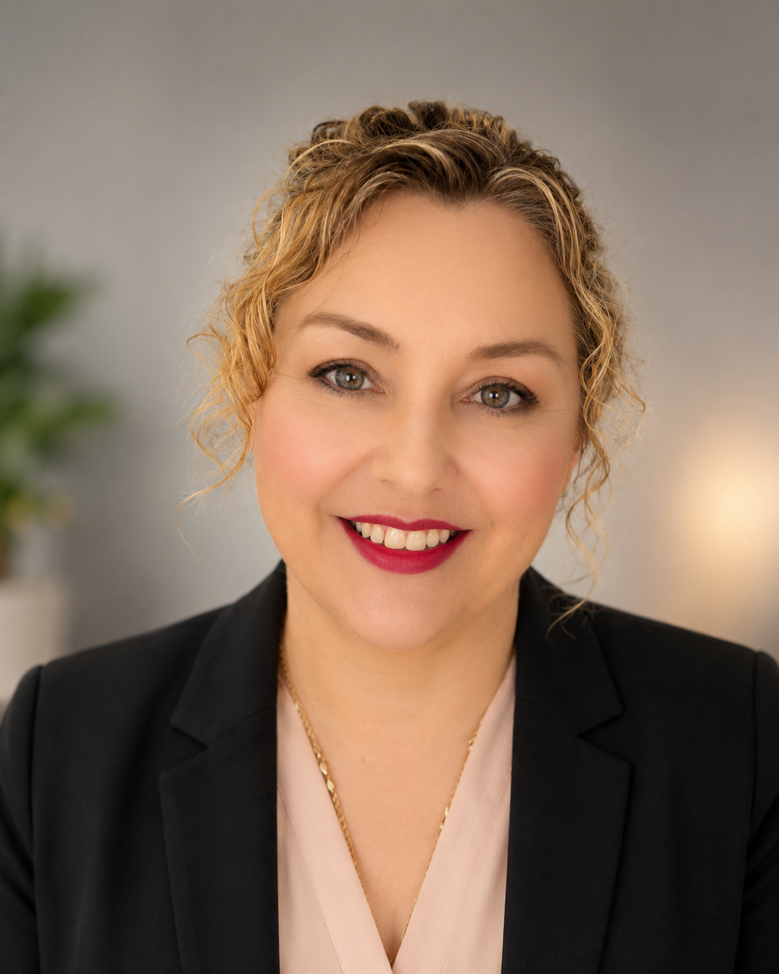 A woman with short curly blonde hair, wearing a black blazer and a light pink blouse, smiling with red lipstick, in an indoor setting.
