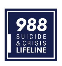 Logo with dark blue background and white text reading "988 Suicide & Crisis Lifeline."
