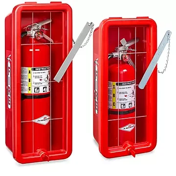Two red fire extinguisher cabinets, each containing a fire extinguisher, with a metal bar above each and a razor blade inside each cabinet.