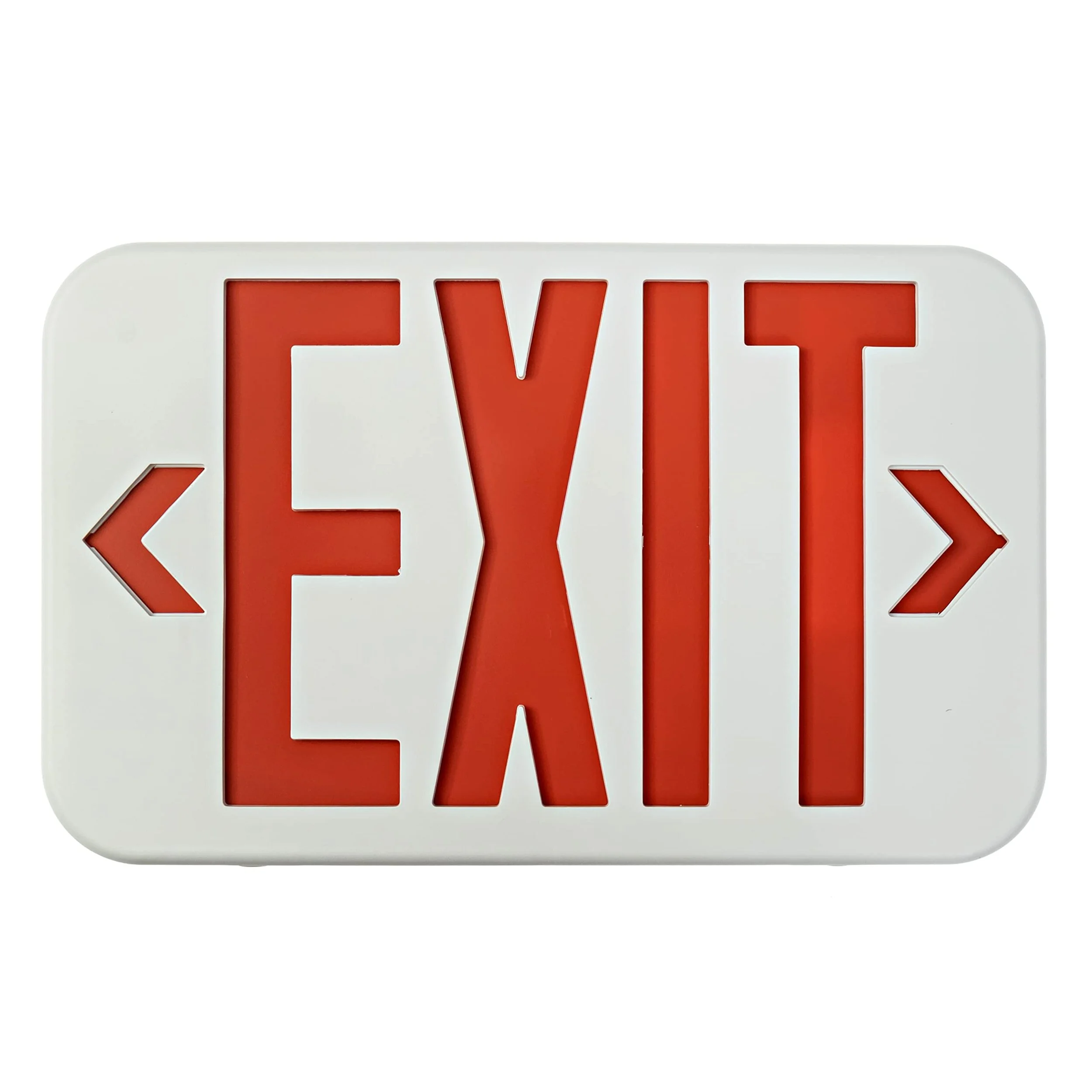 Close-up of a rectangular LED Exit sign with the word 'EXIT' in bold red letters on a white background.
