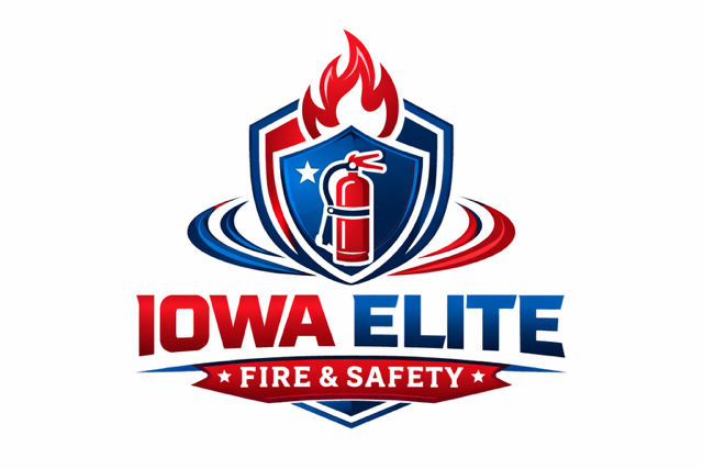 Iowa Elite Fire & Safety logo with a shield, fire flame, fire extinguisher, and red and blue colors.