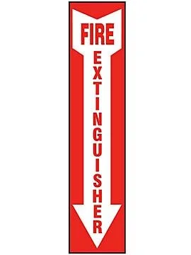 Red and white vertical fire extinguisher sign with arrows pointing down and up, reading 'FIRE EXTINGUISHER'.
