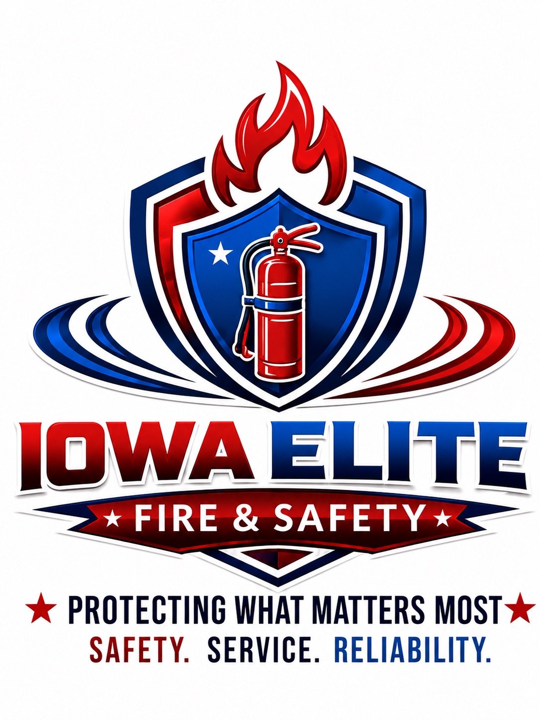 Logo for Iowa Elite Fire & Safety featuring a shield with a fire flame, a fire extinguisher, and the words 'Iowa Elite Fire & Safety' with a red and blue color scheme, emphasizing fire safety and protection.