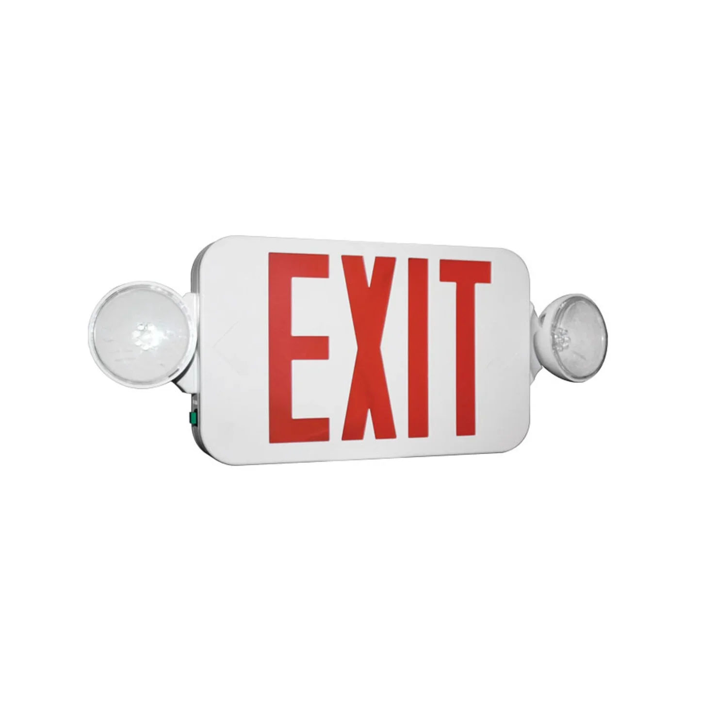 Backlit emergency exit sign with red letters and two circular lights on either side. Combo exit/emergency LED sign