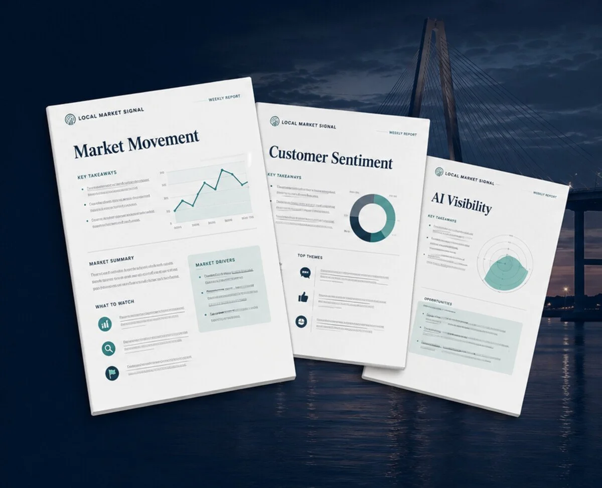 Illustration of Local Market Signal reports covering market movement, customer sentiment, and AI visibility.