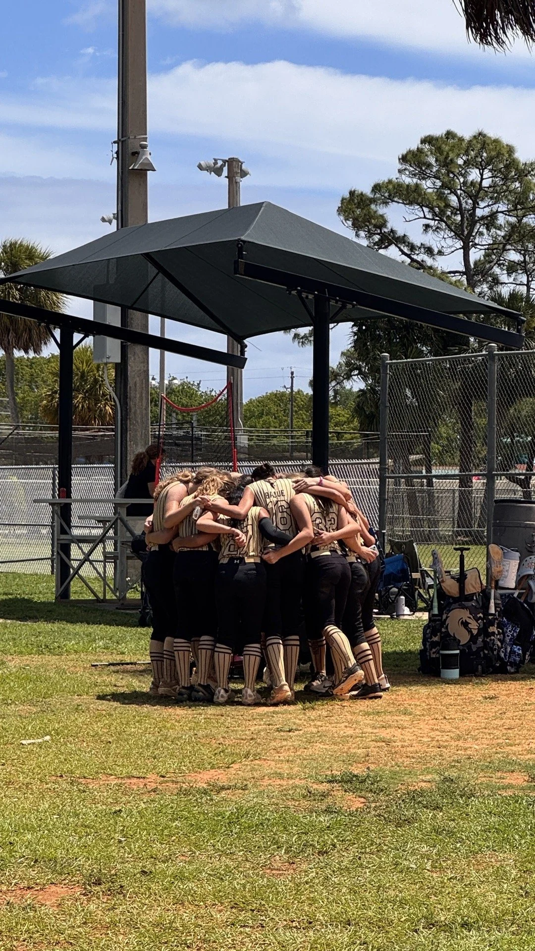 VSA Lady Lions softball team huddling together before a game