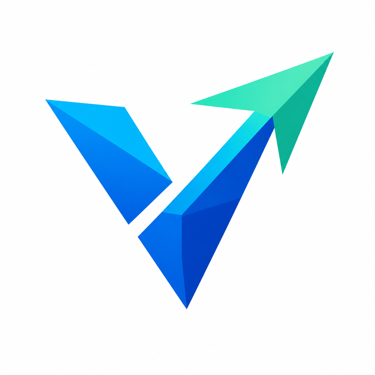 A digital illustration of a geometric arrow composed of blue and turquoise polygons pointing upward, symbolizing growth or progress.