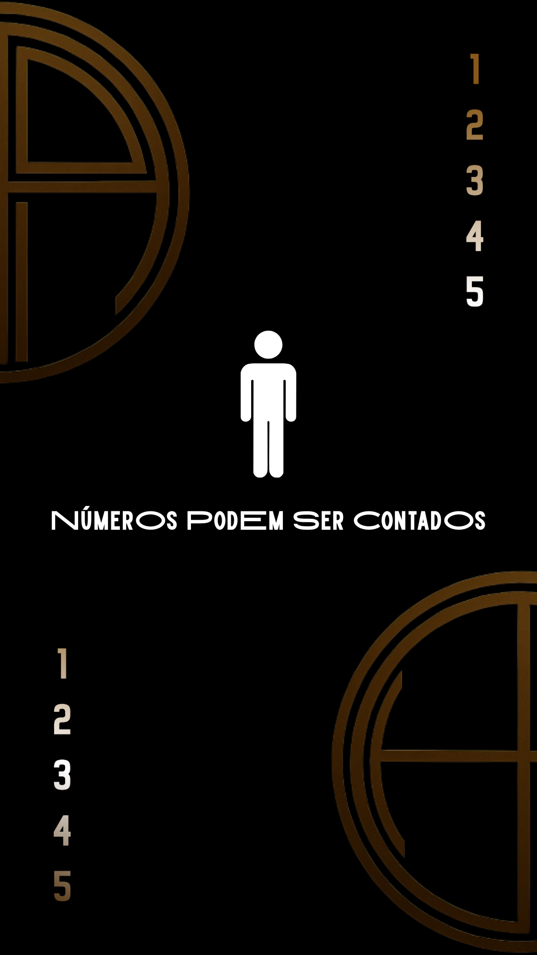 Imagem com fundo preto, símbolos de números e gráficos em dourado, uma figura de pessoa branca e texto em português dizendo 'Números podem ser contados'.