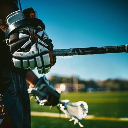 Close-up of a person holding a hockey stick and wearing hockey gloves, standing on a grassy field during daytime.