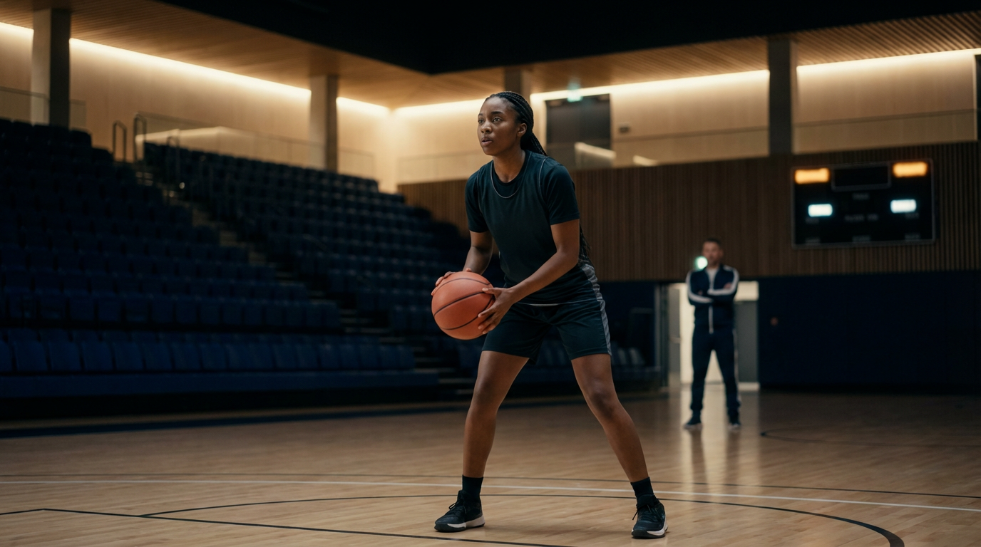 A woman in a black sports outfit is practicing basketball on an indoor court, with a coach or trainer observing in the background.
