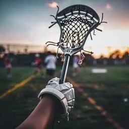 Lacrosse stick held up against a sports field at sunset with players in the background.
